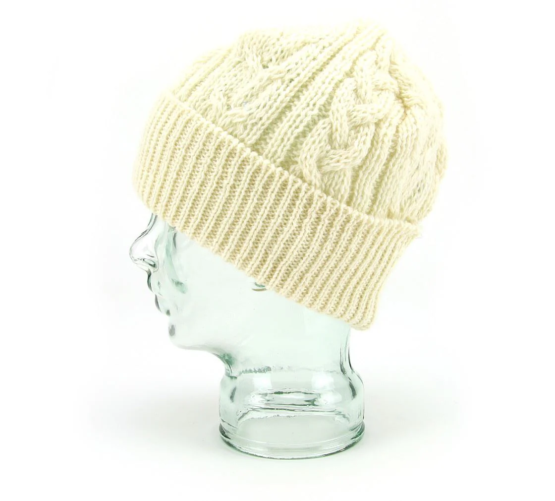 Knitted 100% British Wool Beanie Hat - Cream - Image 5