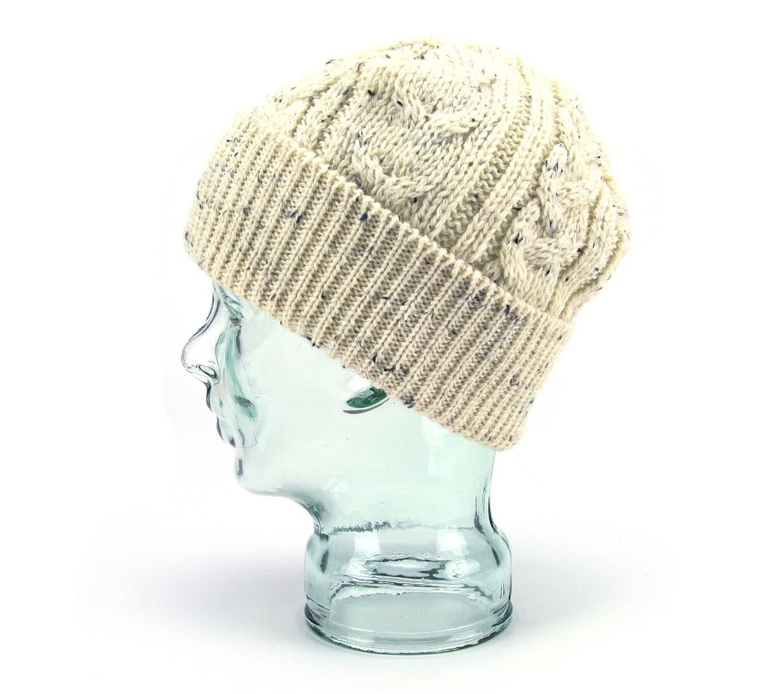 Knitted 100% British Wool Beanie Hat - Cream Nep - Image 3