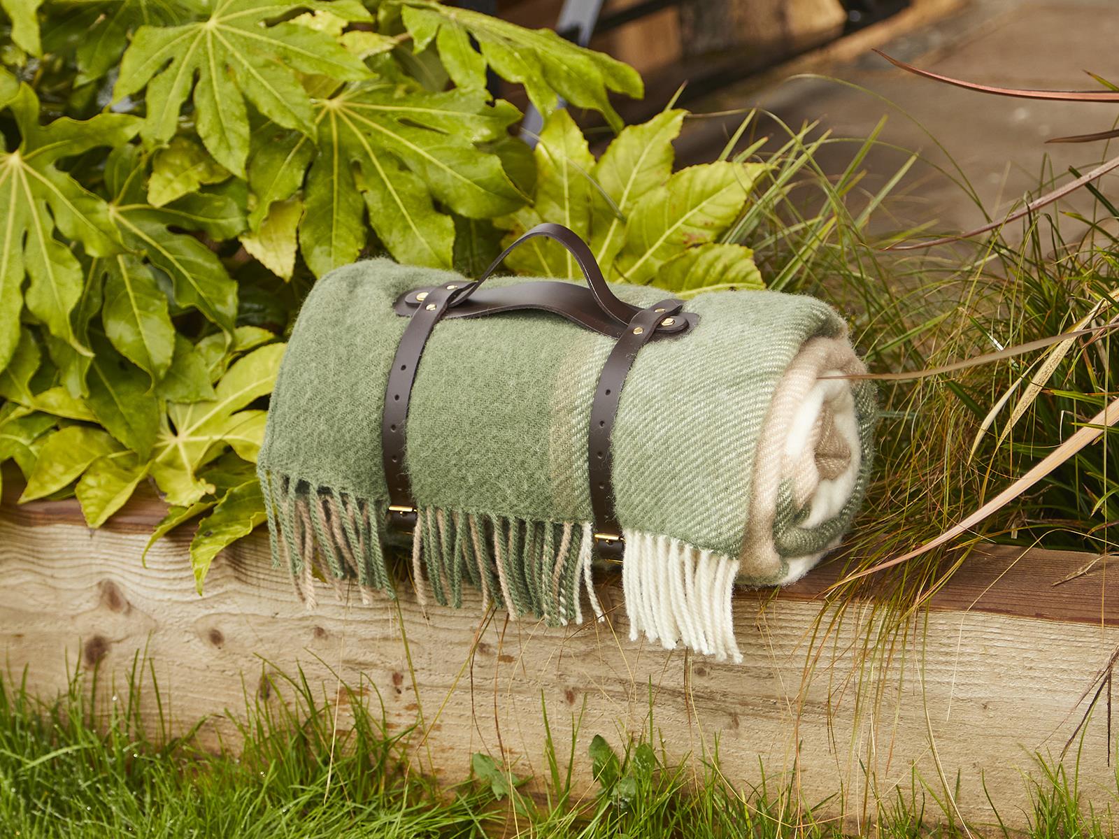 Block Check Waterproof Polo Picnic Blanket with Leather Straps - Olive - Image 2