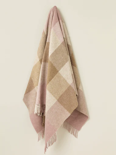 British Wool Block Check Throw - Pink/Camel - Image 3