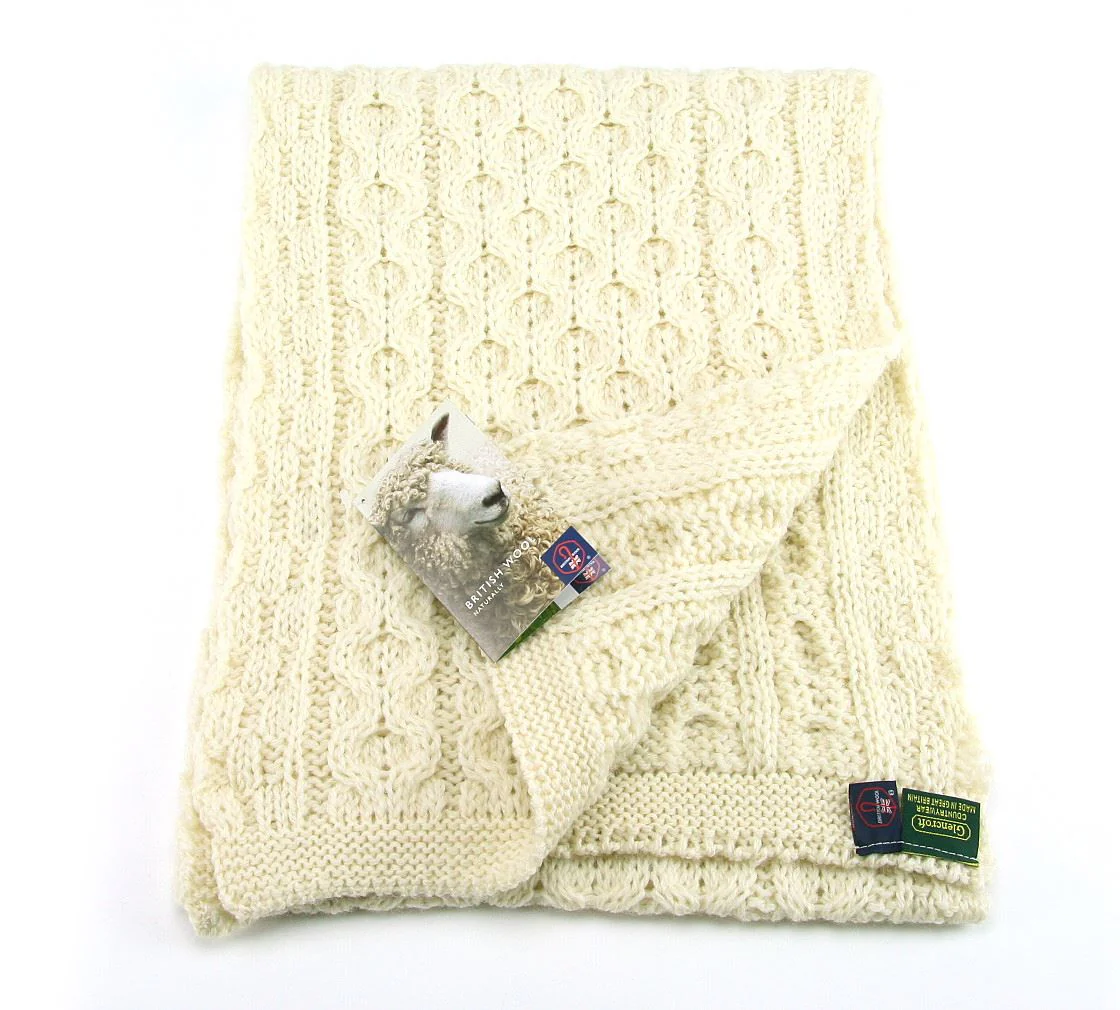Knitted Aran British Wool Scarf - Cream - Image 4