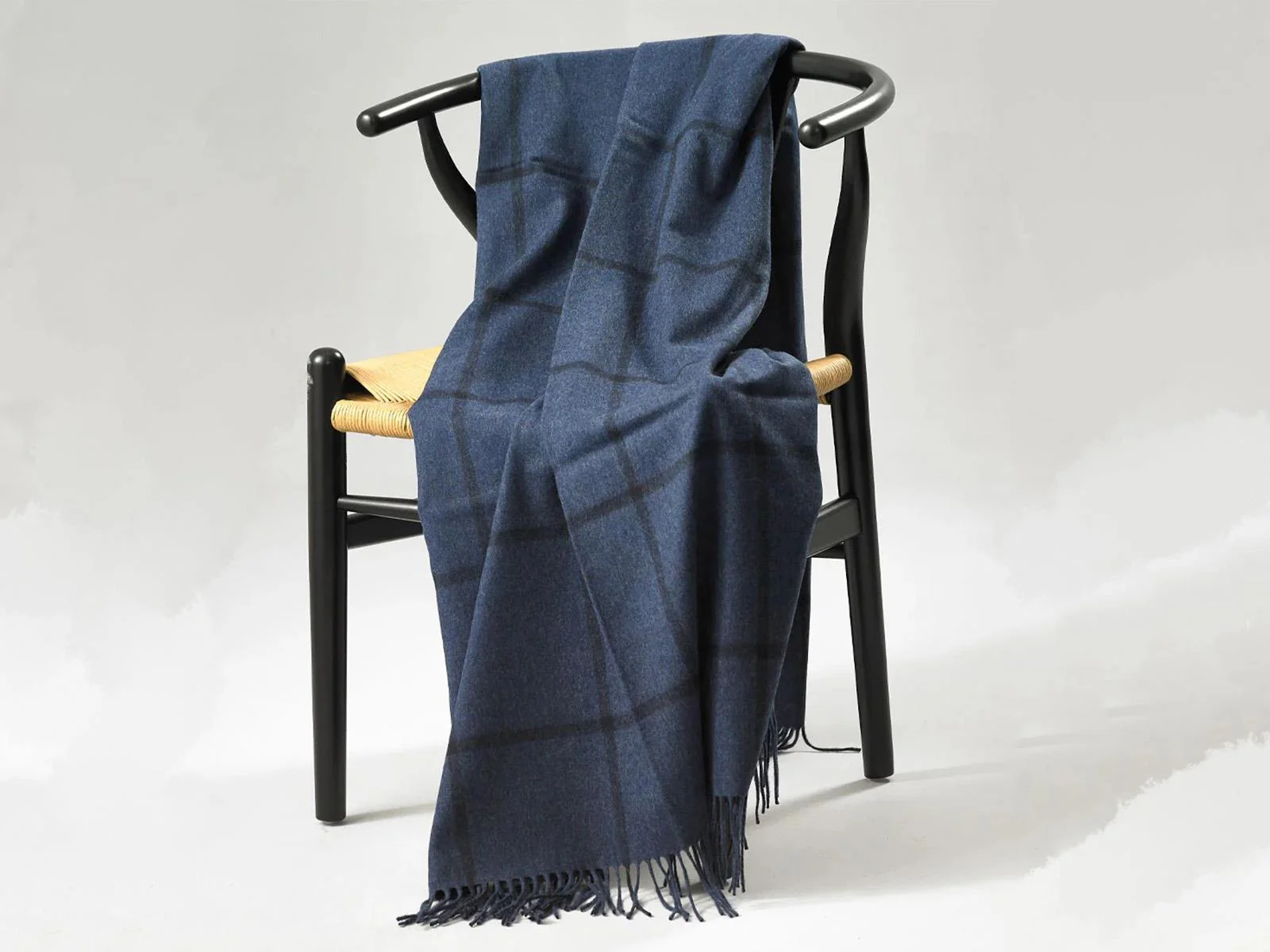 Classic Windowpane Brushed Cashmere Blend Throw - Navy