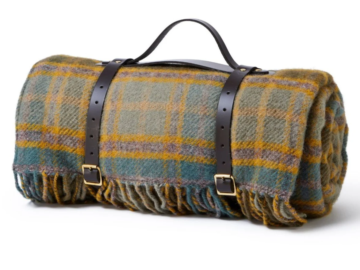 Cottage Check Waterproof Polo Picnic Blanket with Leather Straps - Mustard