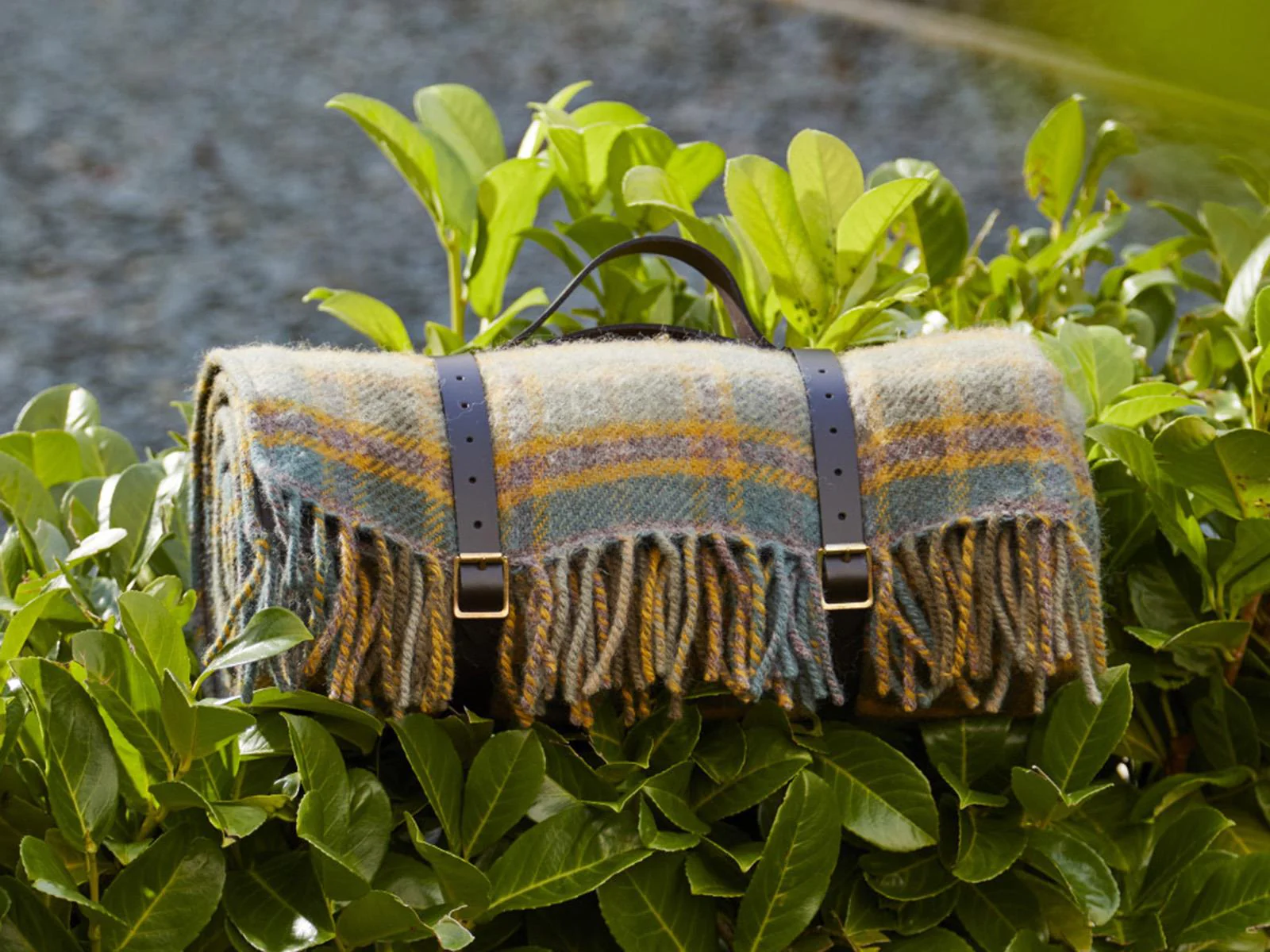 Cottage Check Waterproof Polo Picnic Blanket with Leather Straps - Mustard - Image 2