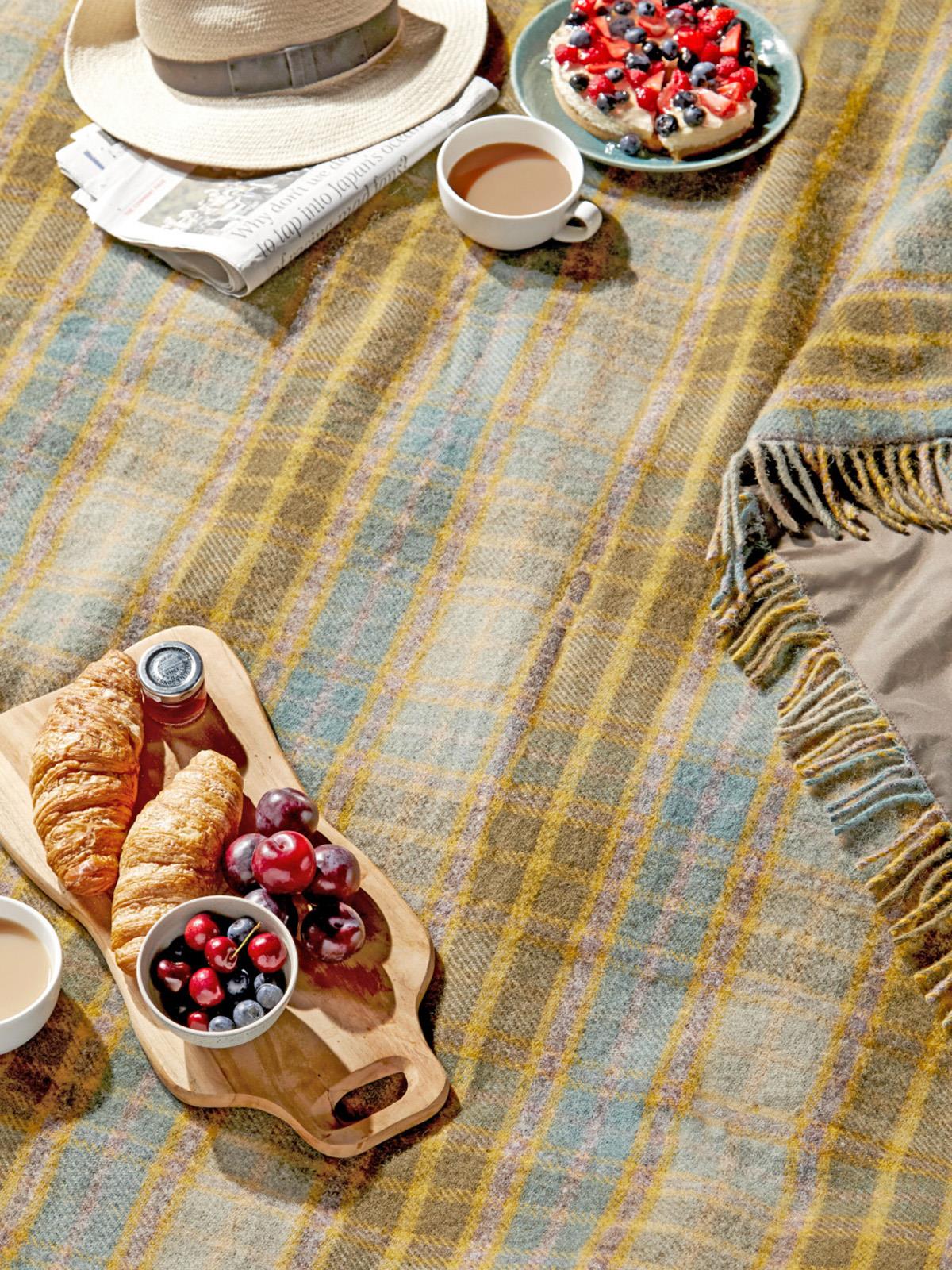 Cottage Check Waterproof Polo Picnic Blanket with Leather Straps - Mustard - Image 3