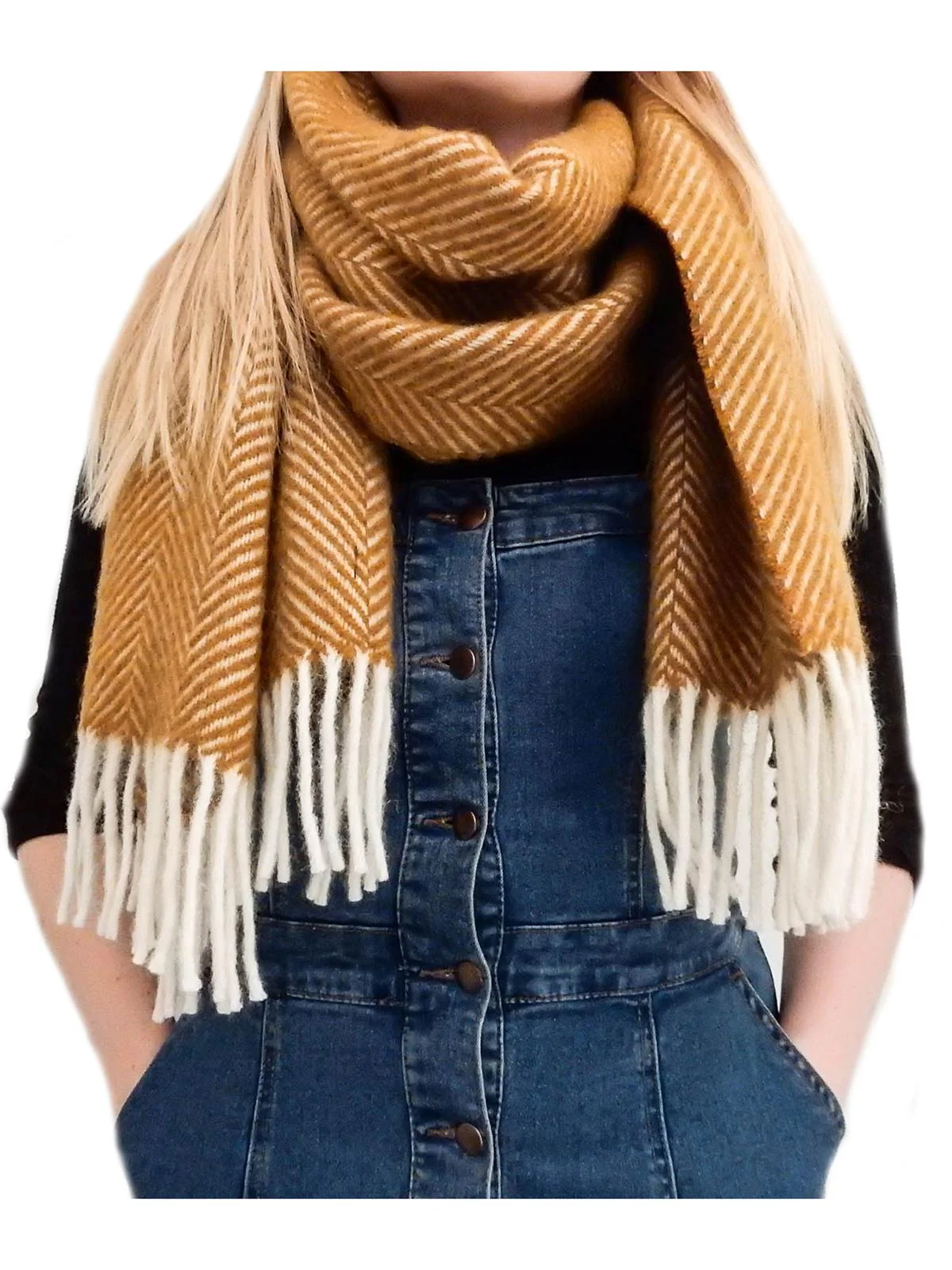 Herringbone Pure New Wool Scarf - Mustard - Image 4