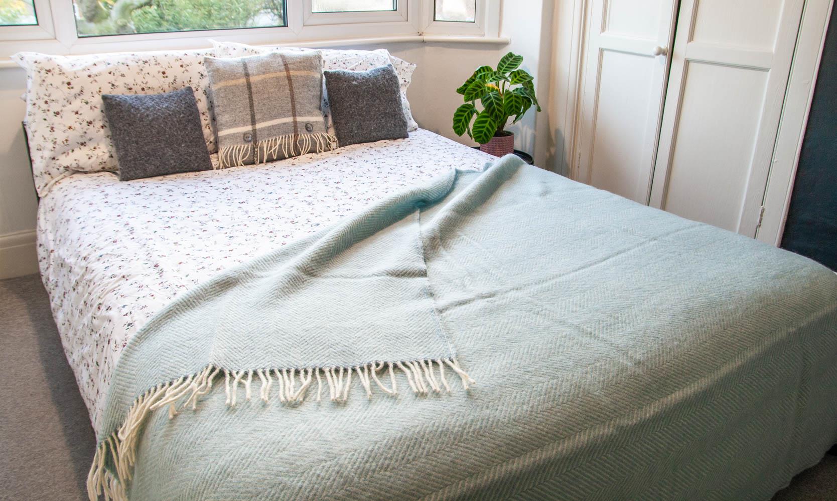 Herringbone Pure New Wool Throw - Duck Egg - Image 3