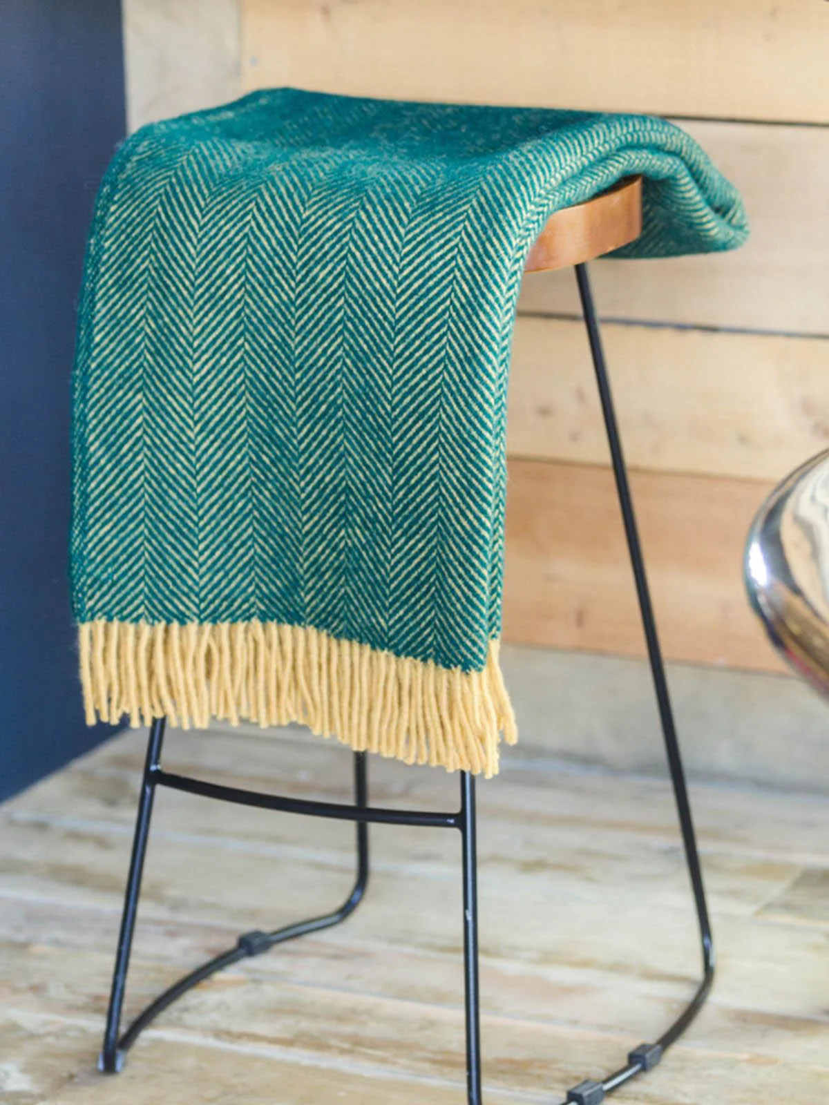 Herringbone Pure New Wool Throw - Emerald/Mustard - Image 3