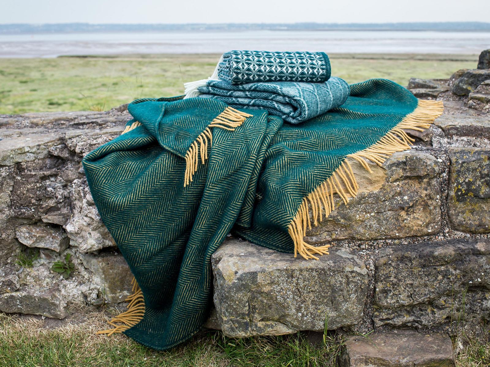 Herringbone Pure New Wool Throw - Emerald/Mustard - Image 6