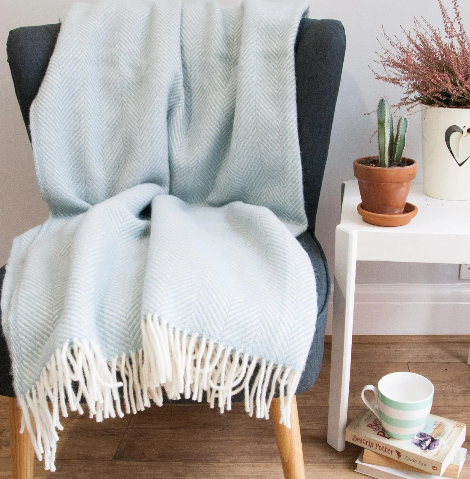 Herringbone Pure New Wool Throw - Duck Egg - Image 2