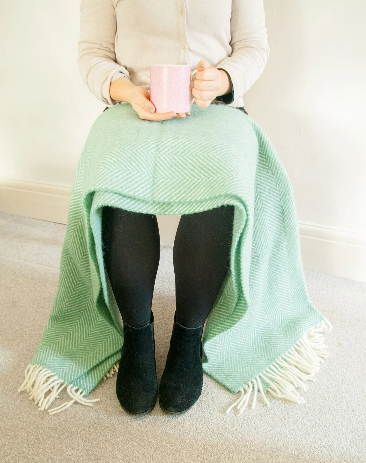 Herringbone Pure New Wool Throw - Sea Green - Image 4