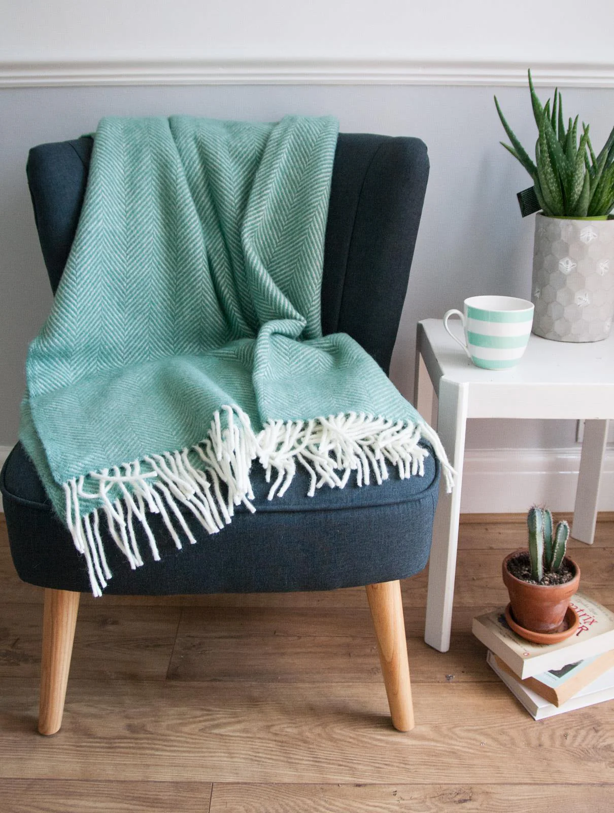 Herringbone Pure New Wool Throw - Sea Green - Image 5
