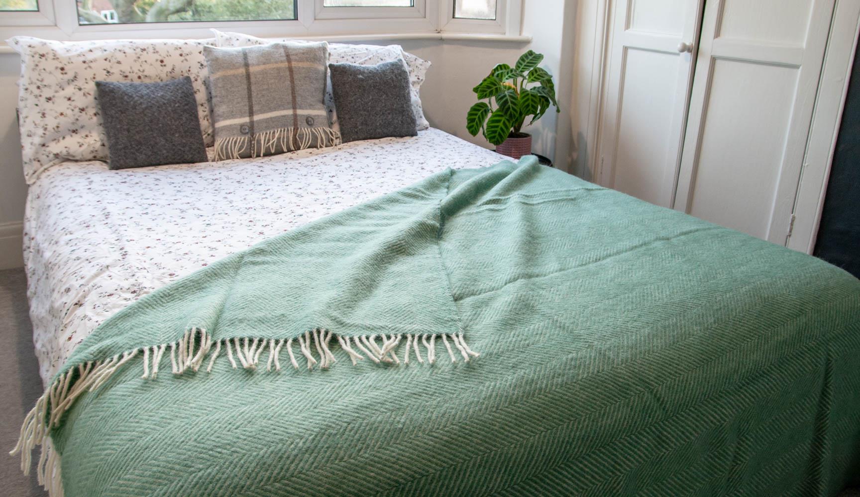 Herringbone Pure New Wool Throw - Sea Green - Image 6