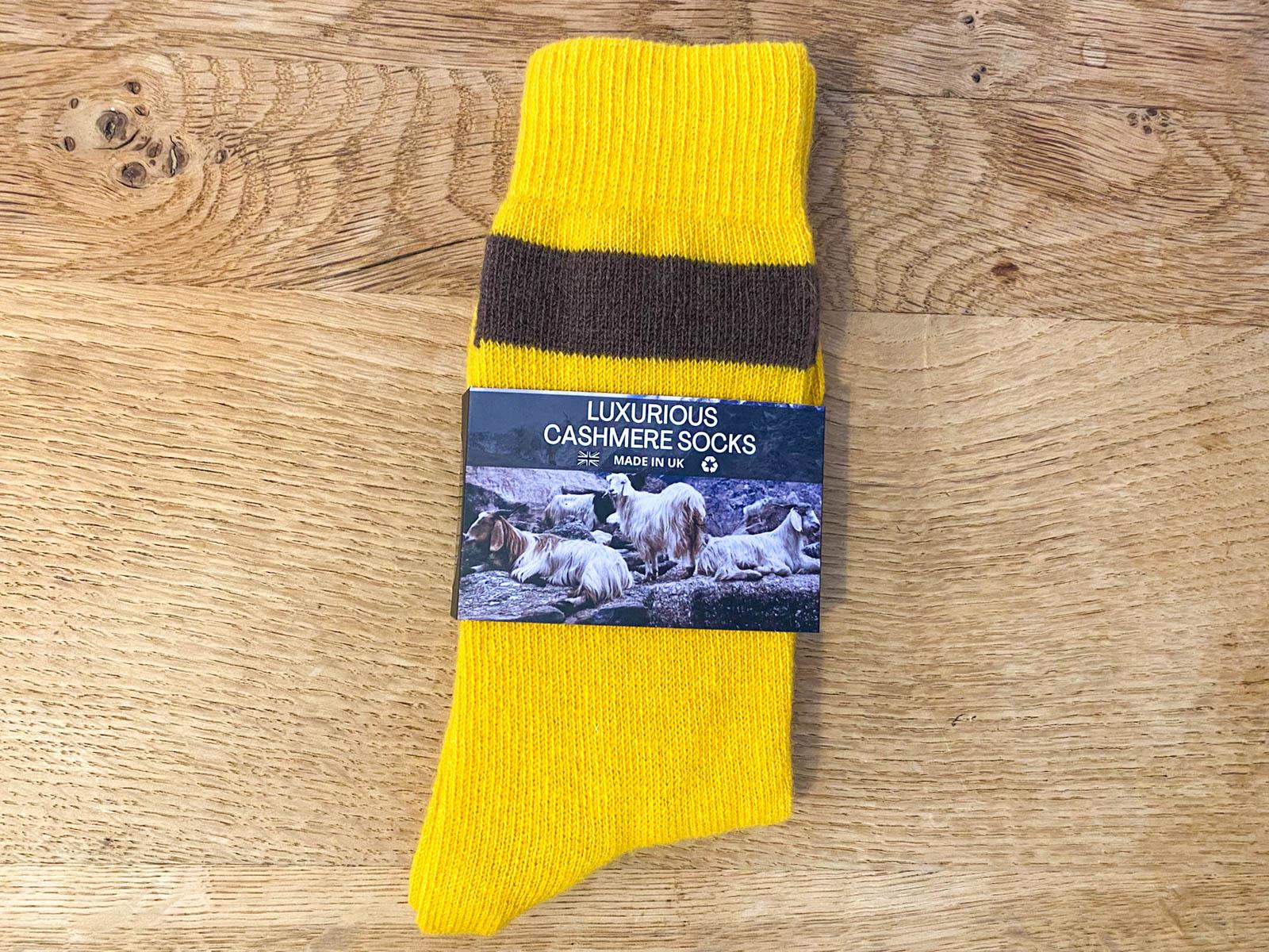 Luxurious Cashmere Socks - Yellow/Brown Stripe - Image 3
